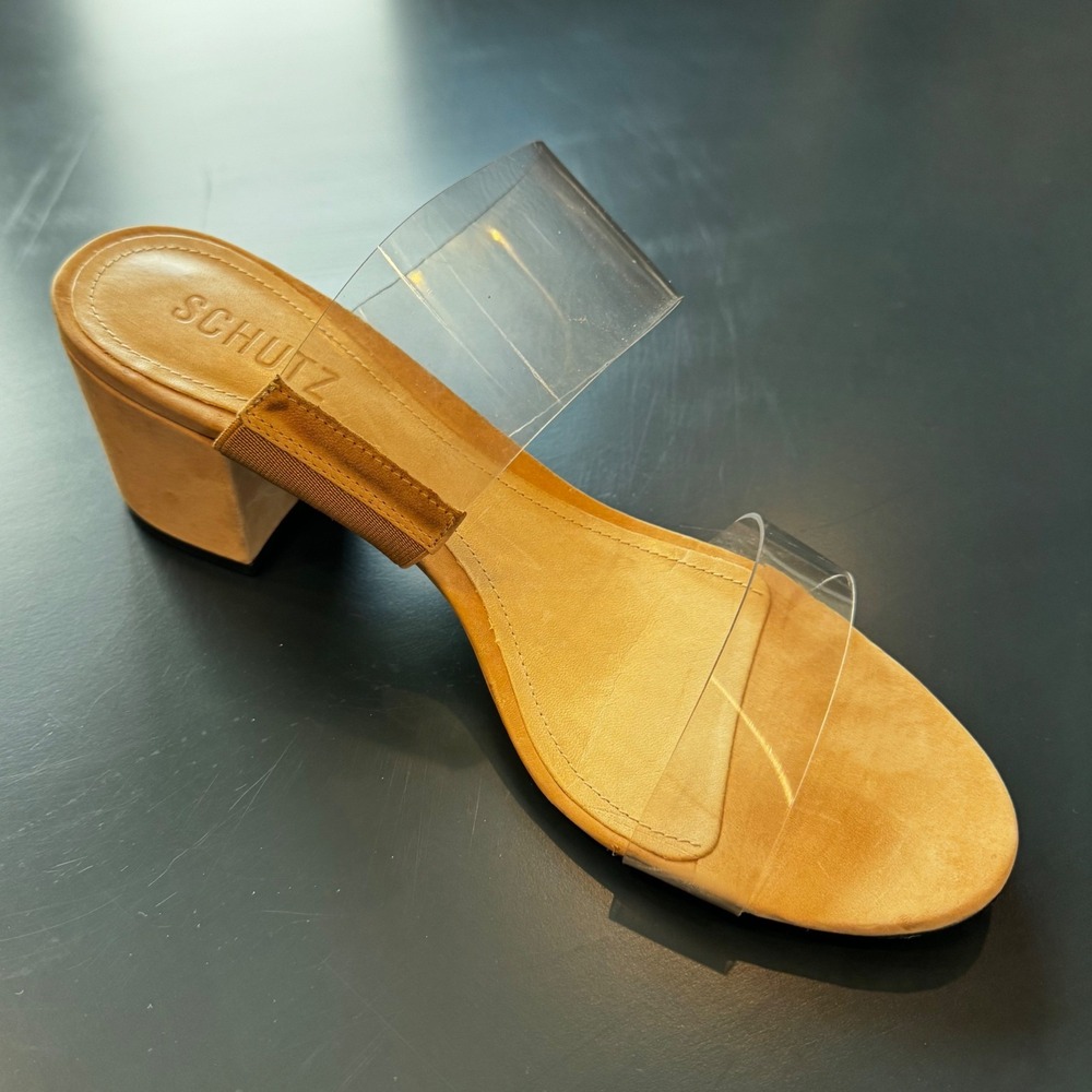 Schutz Women 9 B Clear Strap Tan Footbed Block Heel Slide Mule Sandals Neutral - Picture 3 of 16